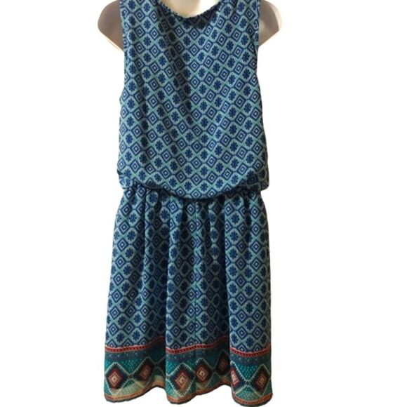 Love Reign Aztec geometric print blue sleeveless boho dress size M - Picture 5 of 7